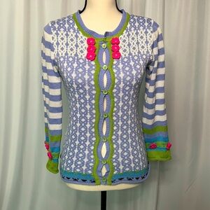 MISSLOOK Periwinkle, White, Blue, Lime Green and Pink Flower Rosette Sweater